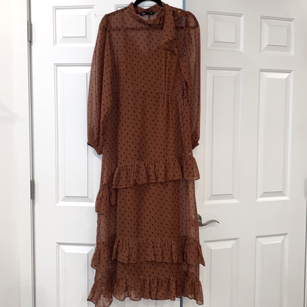 Zara maxi dress brown chiffon with black polkadot size small